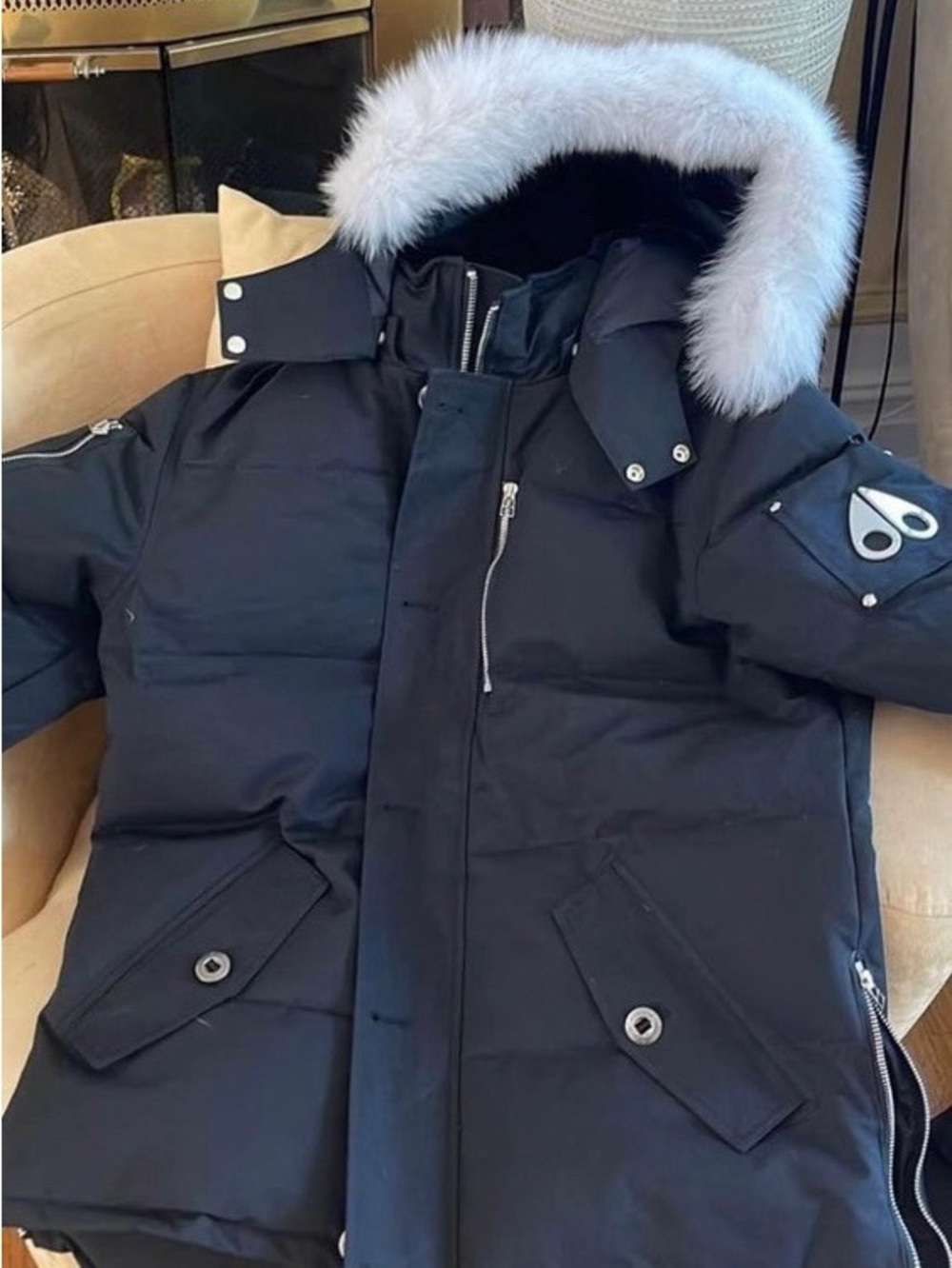 Moose Knuckles Black Parka with White Fur-Trim Hood